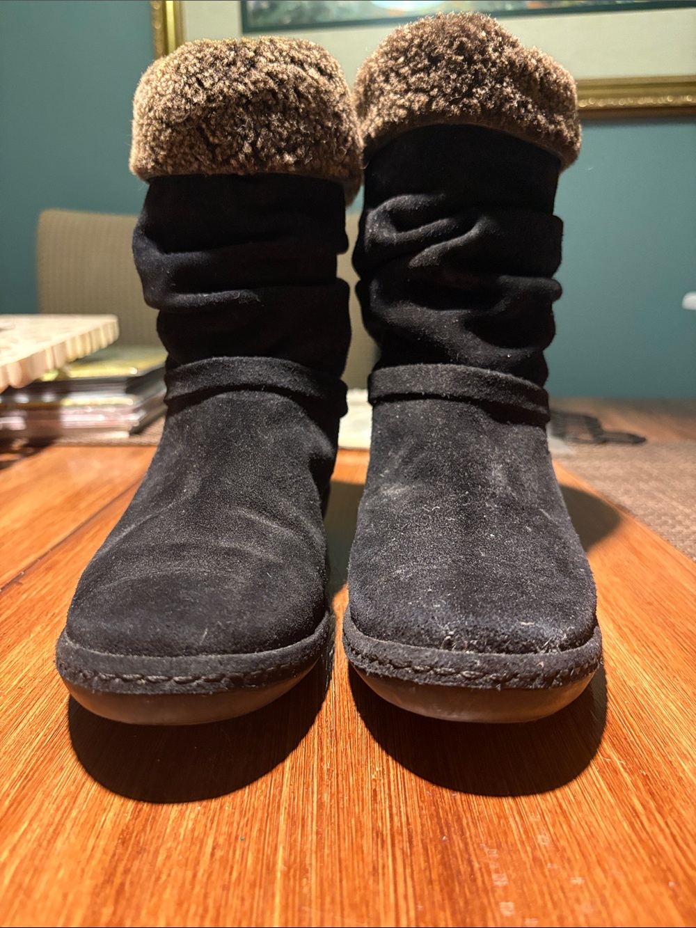 Stuart Weitzman Black Suede Slouch Mid-Calf Boots with Brown Shearling Trim